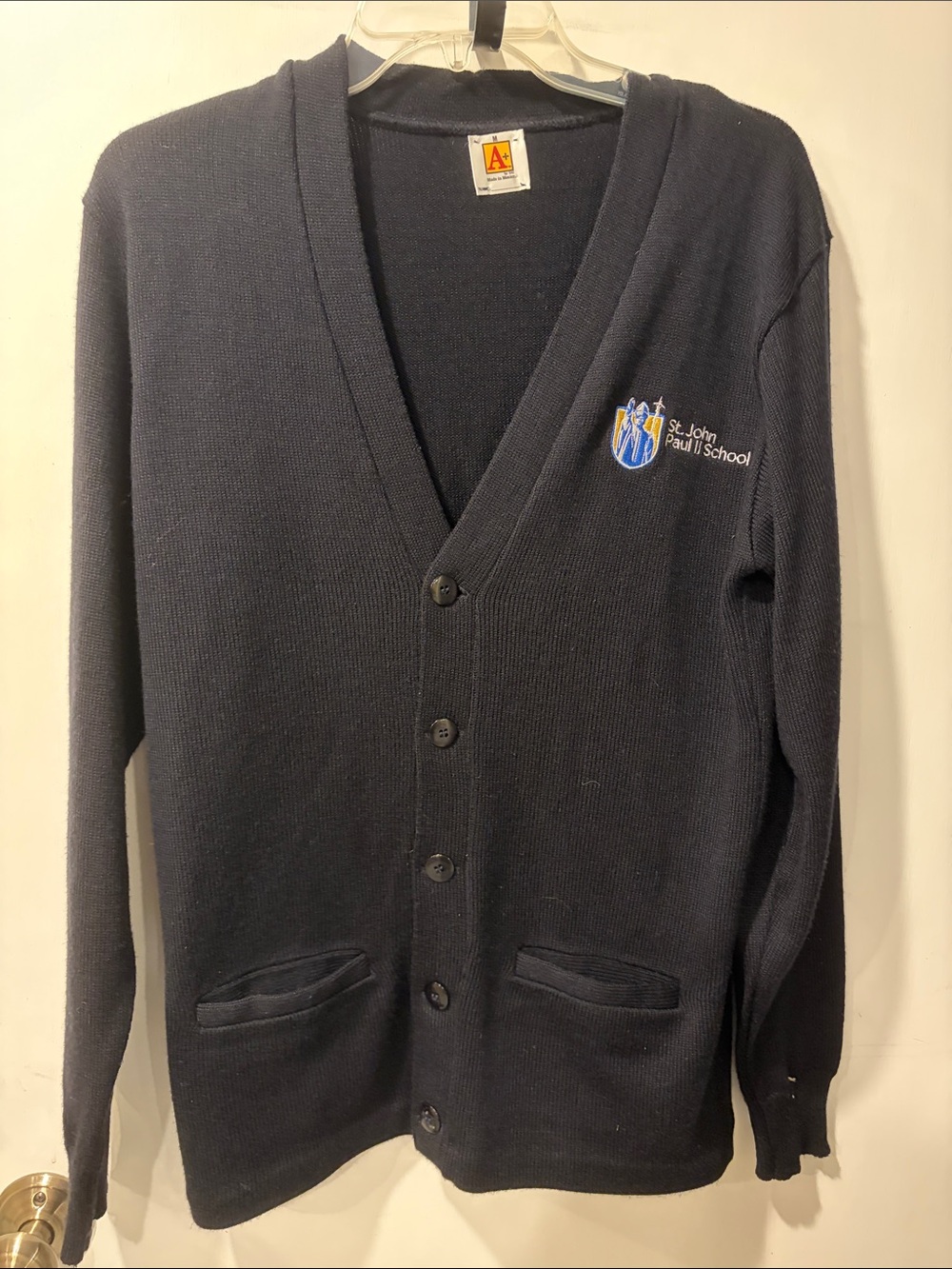 A+ St. John Paul II School Navy Cardigan Sweater - Classic V-Neck M long sleeves